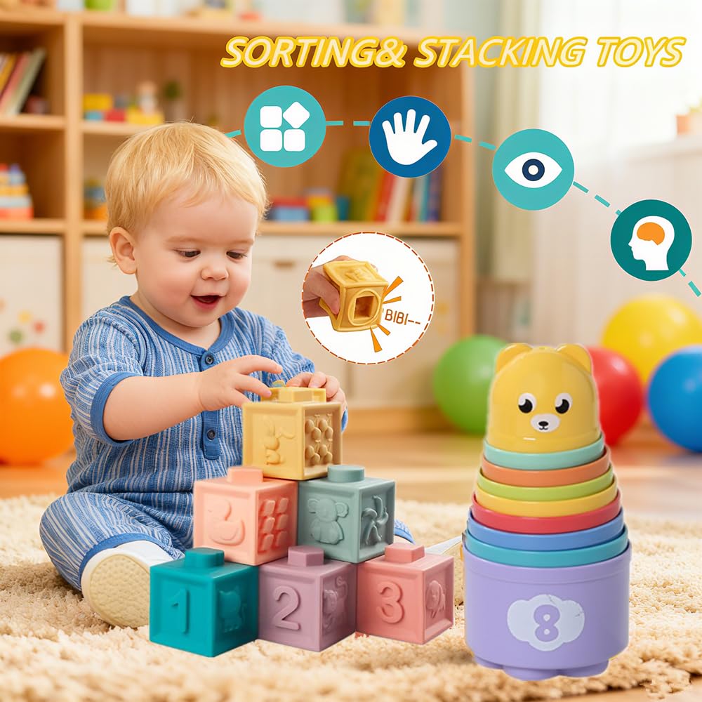 Etyat Baby Toys 6-12 Months, Montessori Toys for 1 Year Old, Silicone Pull String Teether Toy, Stacking Building Blocks Infant Toddler Toy 0-3, Shape Bin Sensory, Baby Boys&Girls Gifts Set