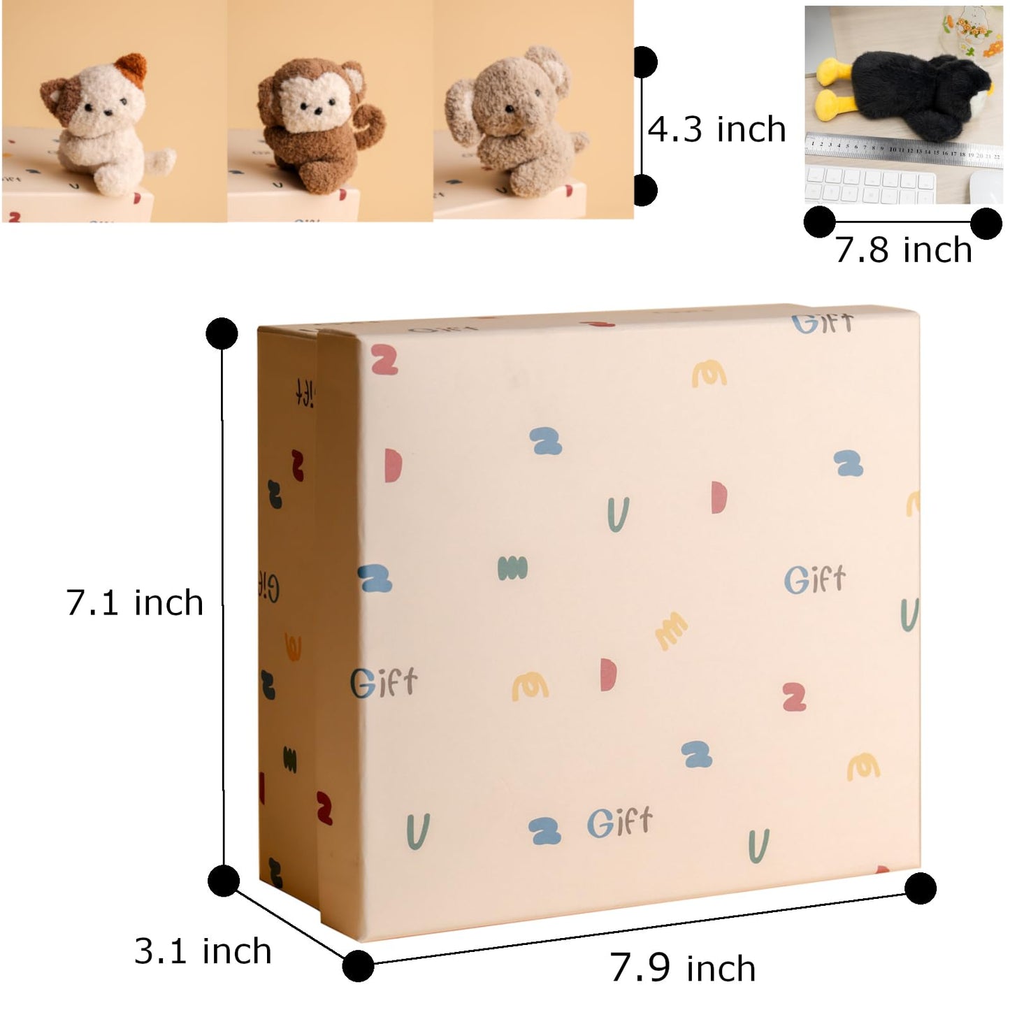 Cute Animal Plush Gift Set-Penguin Wrist Rest & 3 mini Plush Clips(Monkey,Dog,Elephant) Kawaii Cozy Desk Decor for Office, Study, Home,Gift Box Included