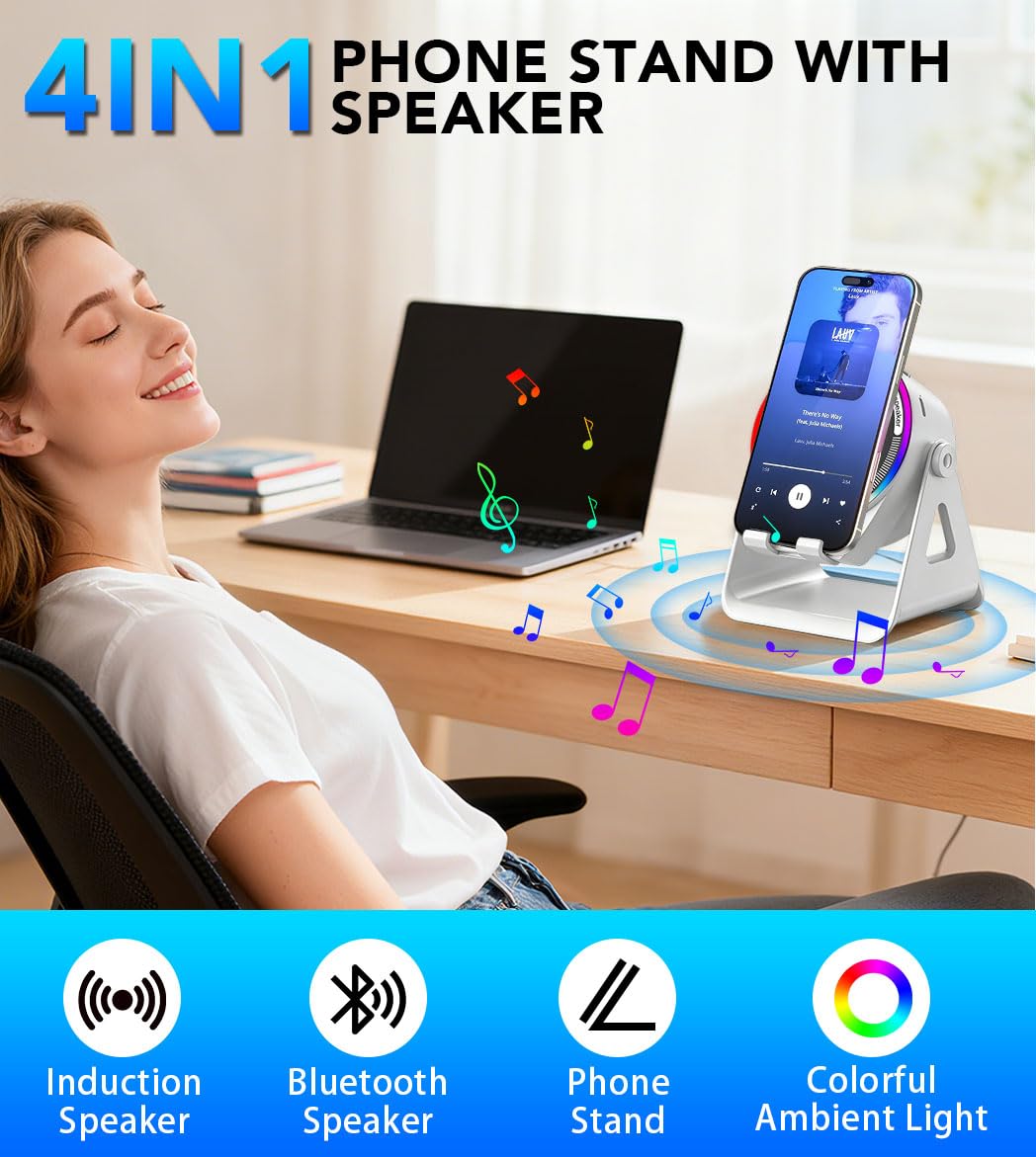 NIIFAWH Bluetooth Speaker, 4-in-1 Wireless Induction Speaker & RGB Light Stand Multi-Functional Phone Stand Instant-Connect Stereo Sound, 360° Adjustable Holder for iPhone/Android/iPad/Samsung (Weiß)