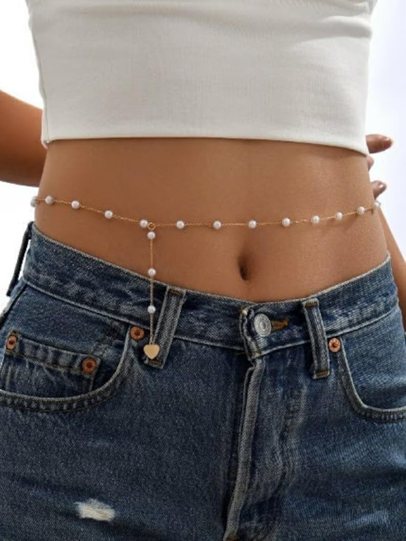 Rotnso 14K Gold Plated Body Chains Dainty Boho Layered Beach Waist Pearl Bead Chain Adjustable Bikini Belly Chain Jewelry Accessories for Women Sexy