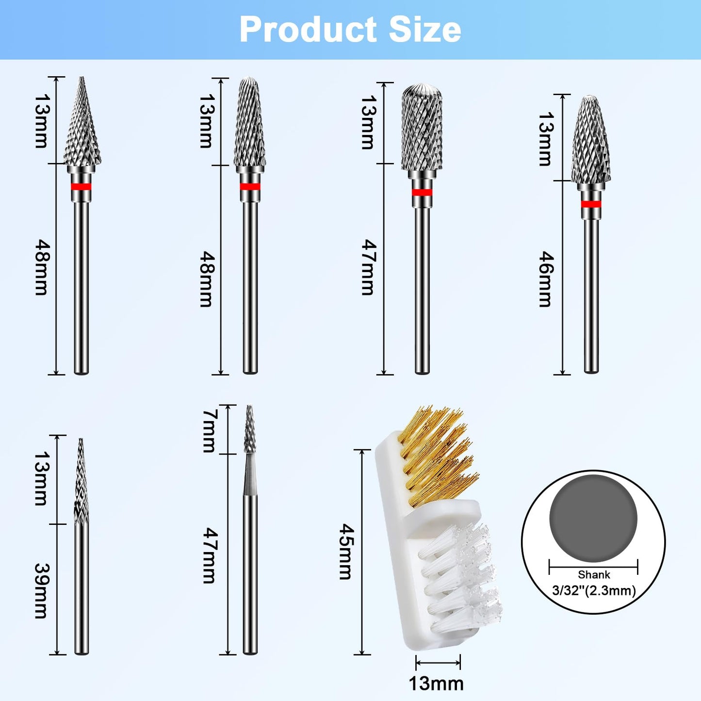 CGBE Nail Drill Bits, 6 Piece Nail Drill Bit Grinding Heads Carbide Machine Accessories for Manicure Remove Acrylic or Hard Gel Polygel, 3/32 Inch Professional Bits for Nail Cutter - Fine