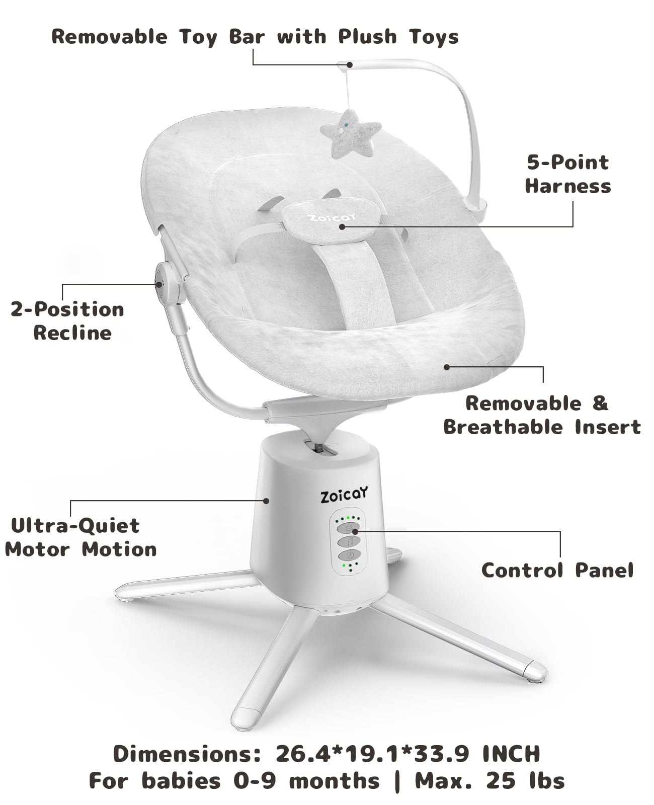 Zoicay Baby Swing,Baby Swings for Infants with 3 Modes & 5 Speeds, BT Enabled App & Remote Control, Electric Swing β 6 Lullabies and 3 Timer Setting, 2 Seat Positions and 5-Point Harness Swing (White)