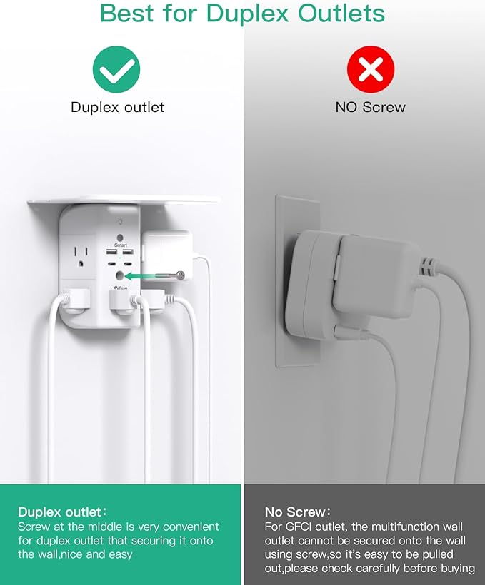 Wall Outlet Extender with Shelf and Night Light, Surge Protector, USB Wall Charger with 5 AC Outlets and 2 USB A Ports 2 USB C Ports Wide Space 3-Sided Power Strip Multi Plug Outlets
