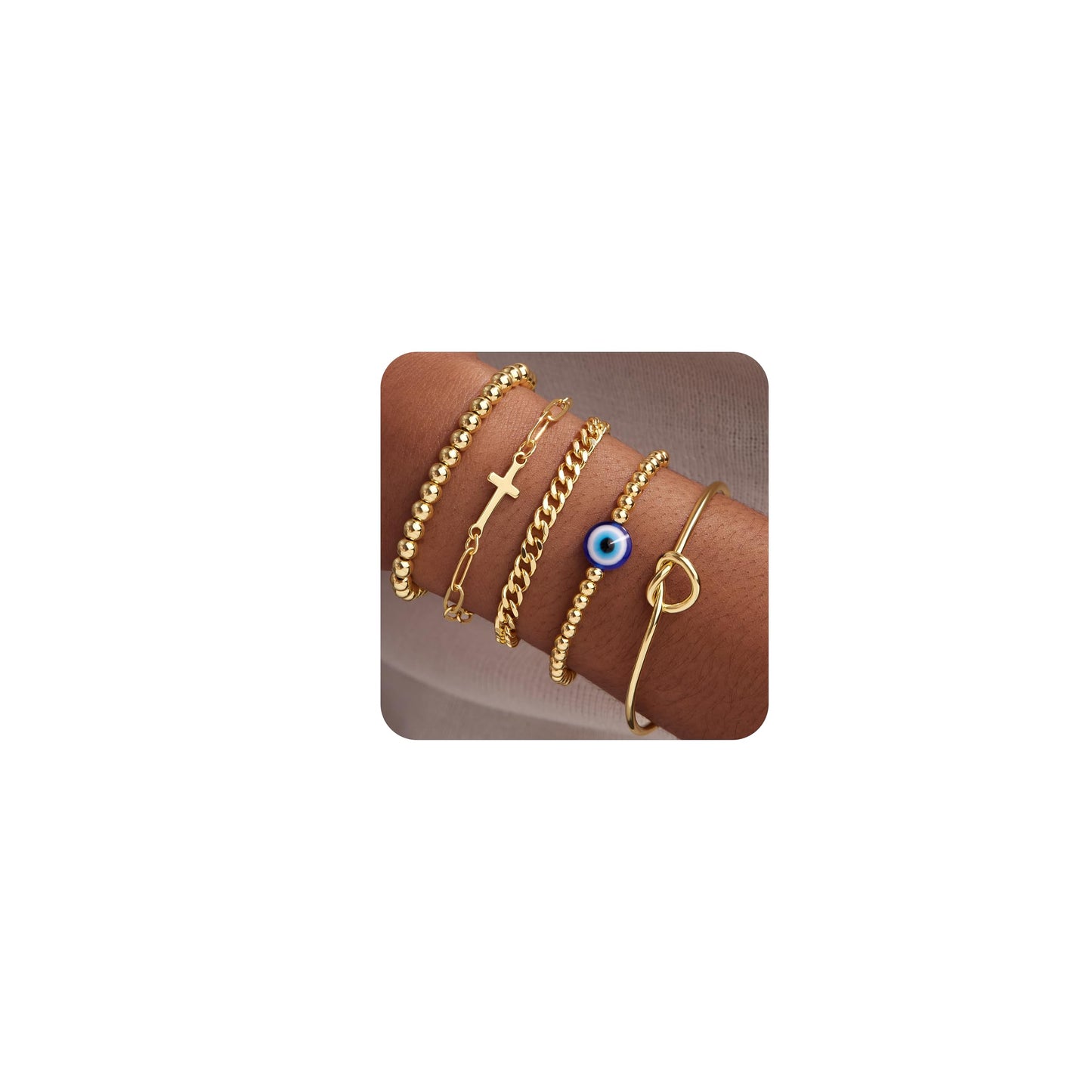 Poxtex Gold Plated Bracelets for Women, Dainty Bracelets for Women Trendy Stack With Heart, Beaded, Cuban, Paperclip, Cross, CZ Chain, Evil Eye Chain