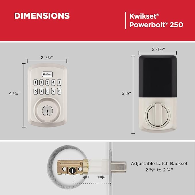 Kwikset Powerbolt 250 10-Button Keypad Satin Nickel Transitional Electronic Deadbolt Door Lock, Featuring Convenient Keyless Entry, Customizable User Codes, and Auto-Locking