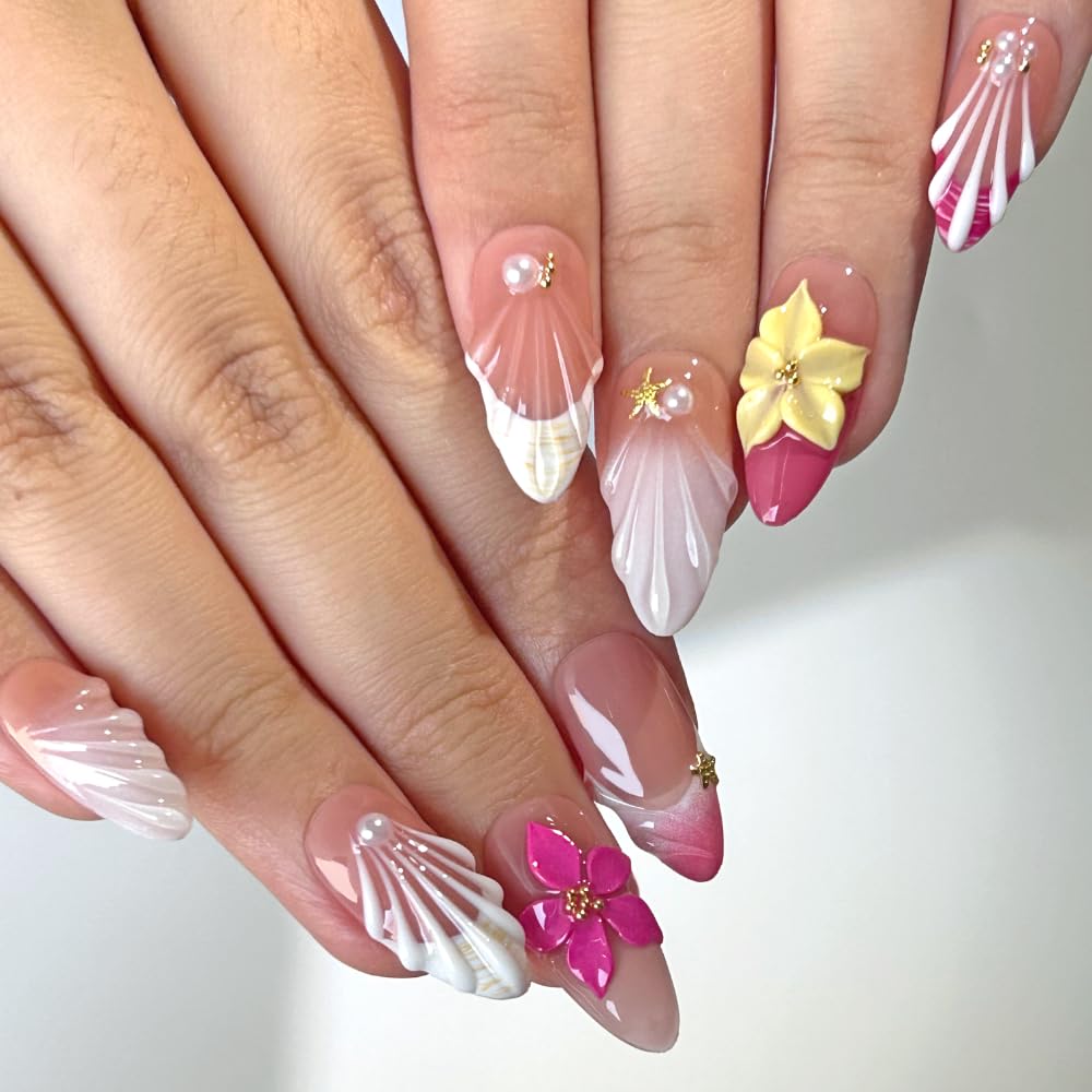 Medium-Size - Luxury Medium Almond 3D False Nails Women Reusable ABS Material Finger Printed Nail Tip French Salon Design Artificial Fingernail-M-size