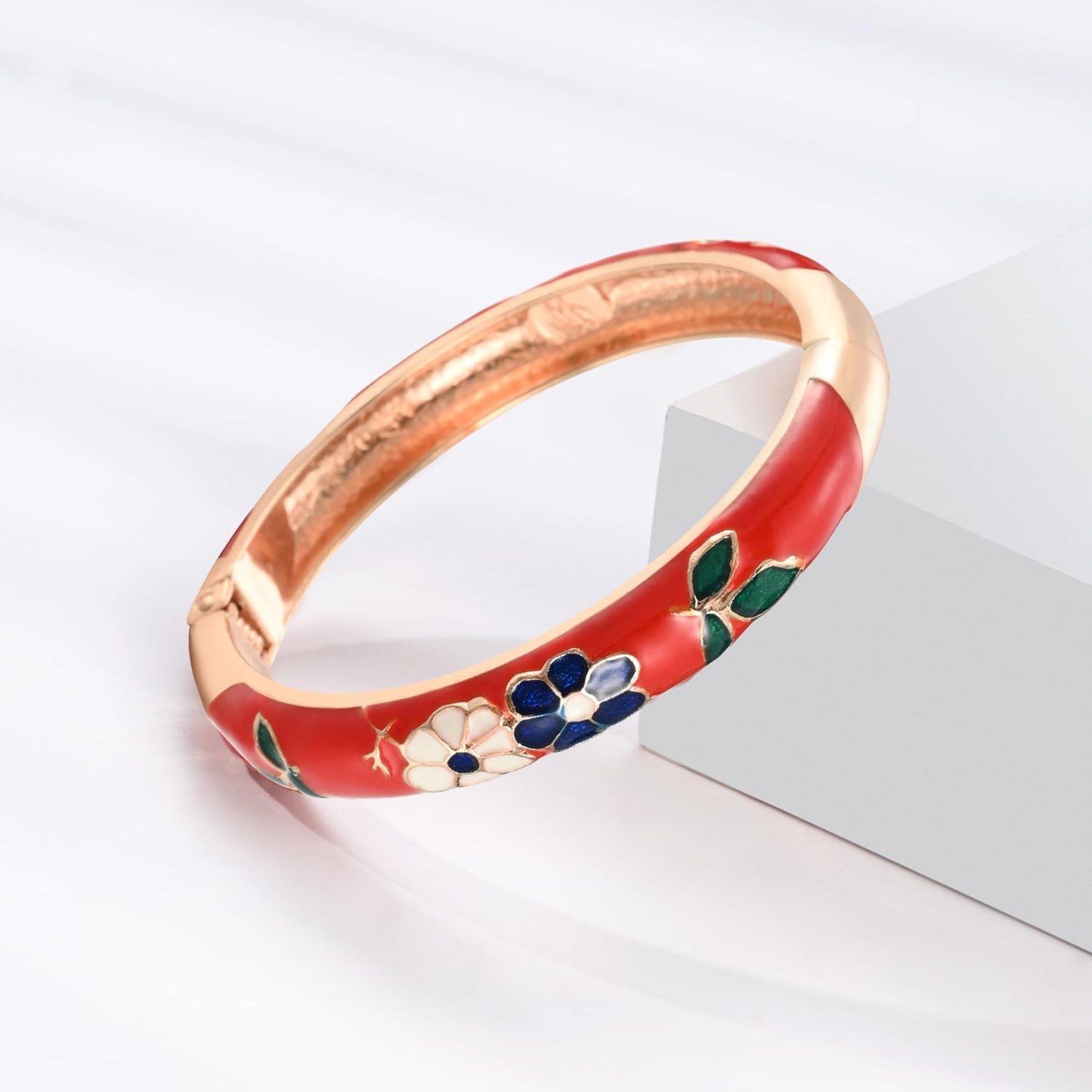 UJOY Vintage Cloisonne Jewelry Bracelet Plated Handmade Bead Rhinestones Enamel Spring Cuff Bangles 2 Pcs Set for Womens Gift 88A22-55A42 blue red
