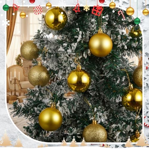 RoundFunny 25 Pcs Mini Christmas Balls Ornaments Set 2.36 Inch Christmas Day Ball Topper Star Tree Hanging Ornaments for Party Decoration(Gold)