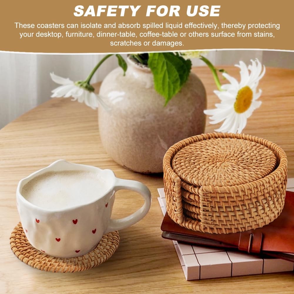 6pcs Handmade Rattan Coaster Set with Holder - Wicker Coasters, Heat-Resistant Drink Coasters for Coffee Table, Housewarming Gifts, Home Decor