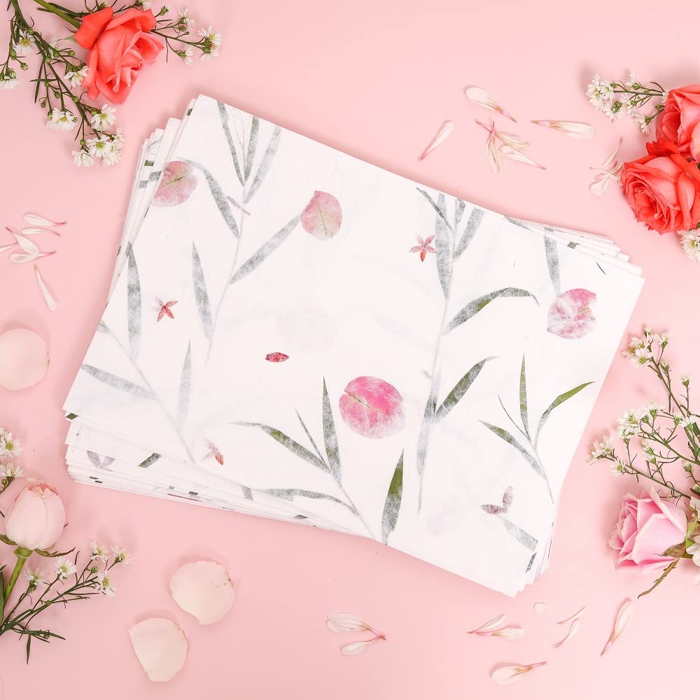 Handmade A4 Thick Mulberry Paper Sheets, Painting, Writing, Decorative Paper, Card Making Paper DIY Craft, 20pcs (Bougainvillea Flowers/Grass, A4)
