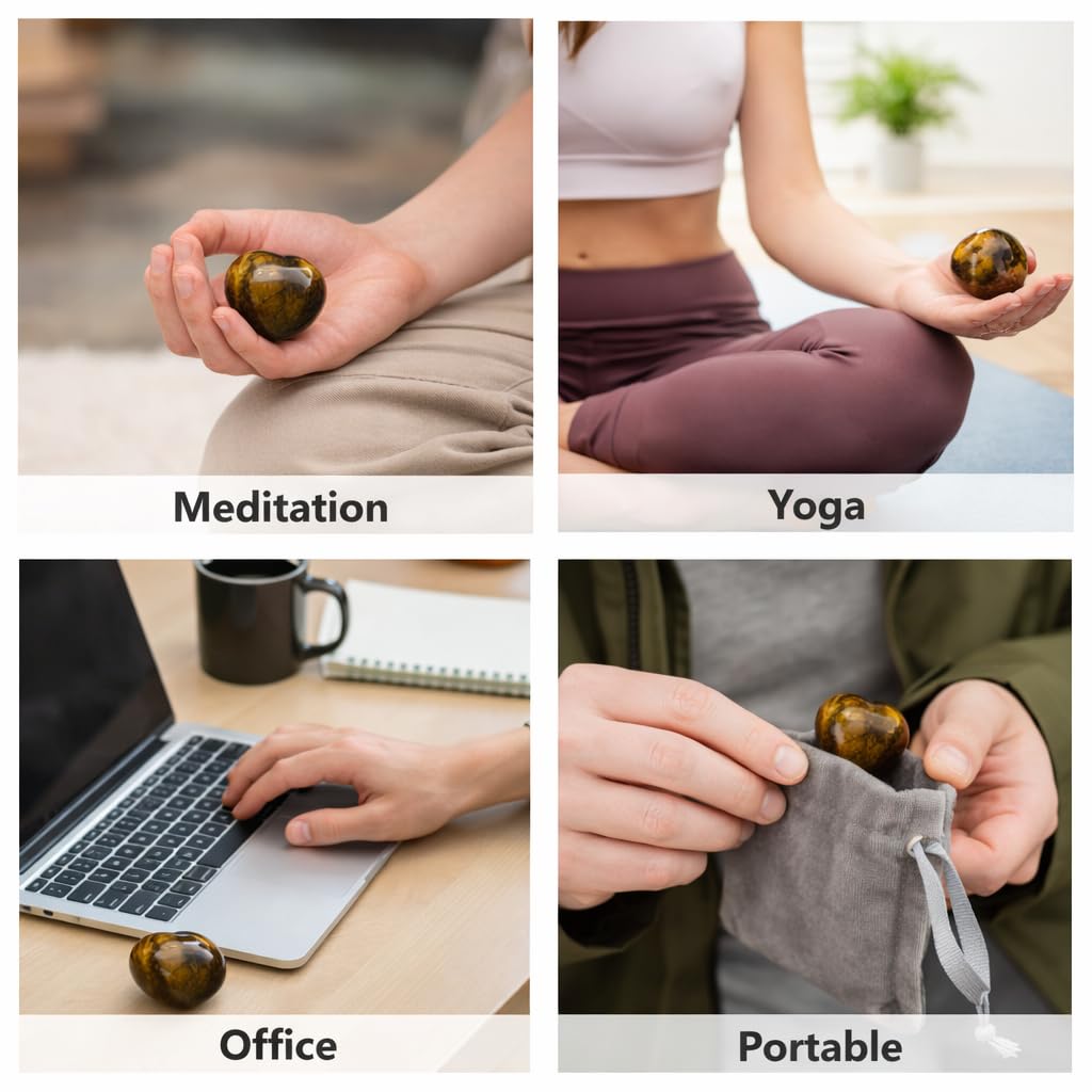 Tiger’s Eye Heart Worry Stone Healing Crystal, 1.57 Inch Polished Palm Stone for Meditation, Mindfulness & Anxiety Relief