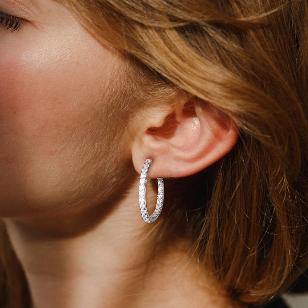 RANDES Sterling Silver Hoop Earrings for Women Cubic Zirconia Hoops 26mm Medium Hoop Earrings CZ Wedding Earring Trendy Jewelry