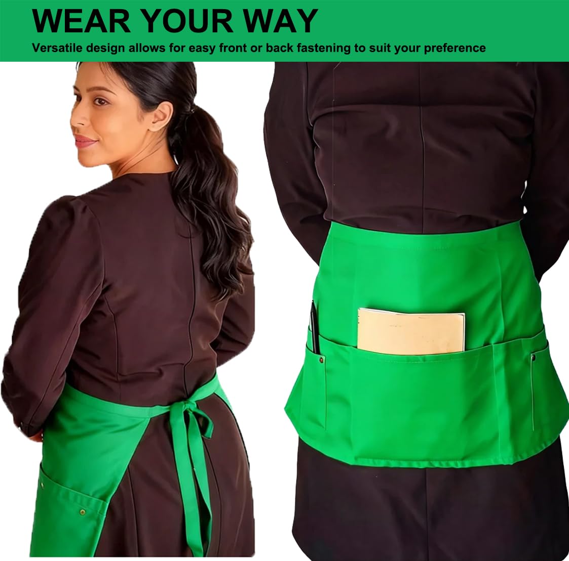 Tiwerlfe Pack of 3 Server Waist Aprons, Each with 5 Pockets, 11.5 Inch Waterdrop & Oil Resistant Waitress Waiter Half Aprons-(Blue+Green+Pink)