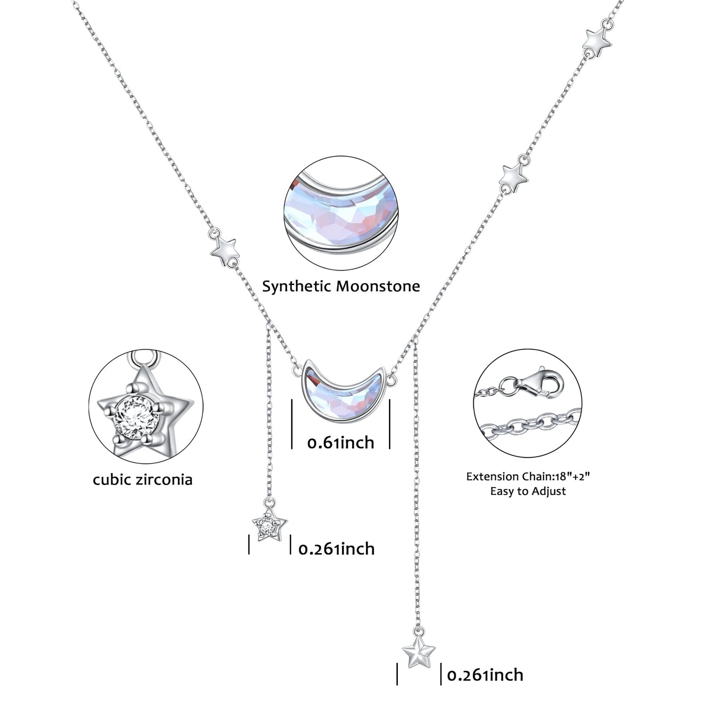 Ladytree 925 Sterling Silver Crescent Moon and Stars Celestial Jewelry CZ Created Moonstone Pendant Necklace Rolo Chain 18 inches to 20 inches
