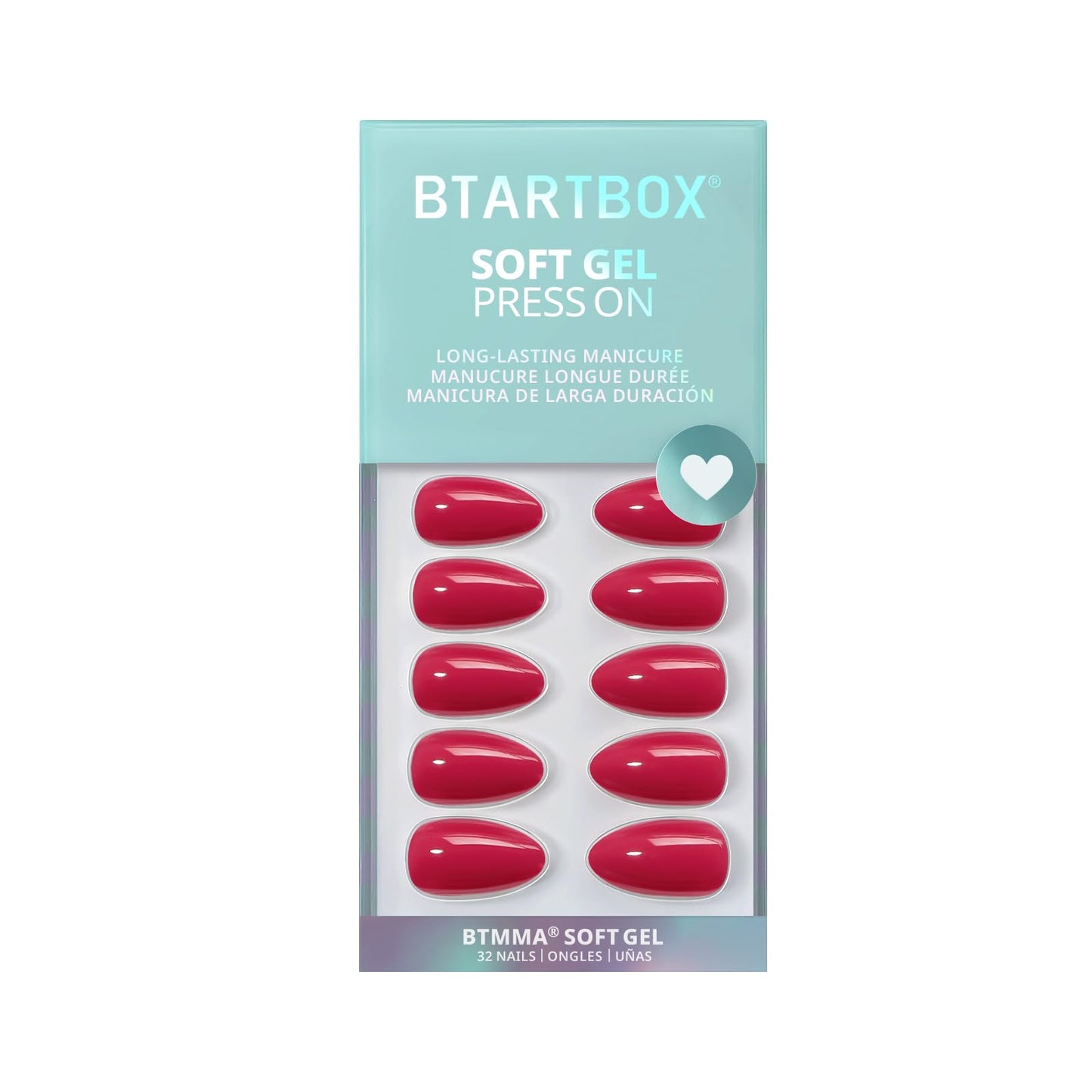 BTArtbox Press On Nails Almond - Raspberry Red Short Press On Nails with Glue for Women, Opaque Soft Gel Glue On Nails in 16 Sizes - 32 Stick On Nails Kit, Berry Blod