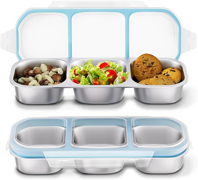 Stainless Steel Snack Containers for Kids Adults, 2 Pack 3 Compartment Metal Snack Containers Box with Lid, Reusable Food Storage Container, Leak Proof, Grab and Go, Blue