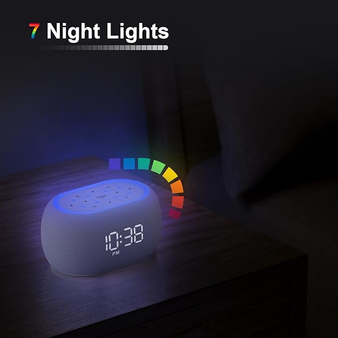ANJANK White Noise Sound Machine Alarm Clock with Hi-Fi Bluetooth Speaker, 21 Soothing Sounds/7 Night Lights, 0-100% Dimmer/Sleep Timer/Volume Control, Soother for Adults Kids Sleeping, Bedroom, White