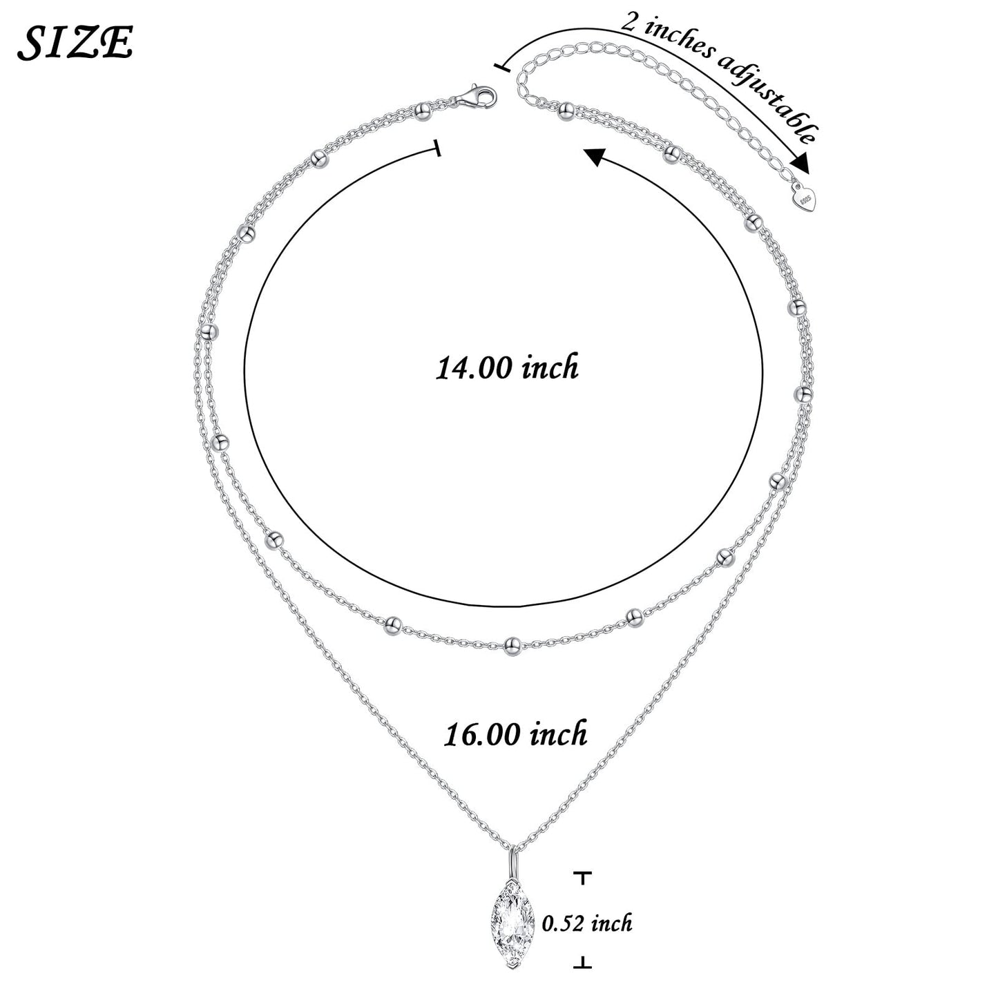FLYOW Adjustable Layered Choker Necklace Cubic Zirconia Marquise Pendant Sterling Silver Solitaire Necklaces for Women Sisters Birthday Gifts