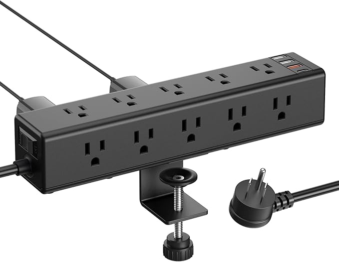 CCCEI Standing Desk Clamp Power Strip with 15 Outlets, Black Desktop Edge Mount Surge Protector Outlet, Fast Charging USB-A and 65W USB-C Ports, 10 FT Flat Plug, Black Fit 1.6 inch Table top.