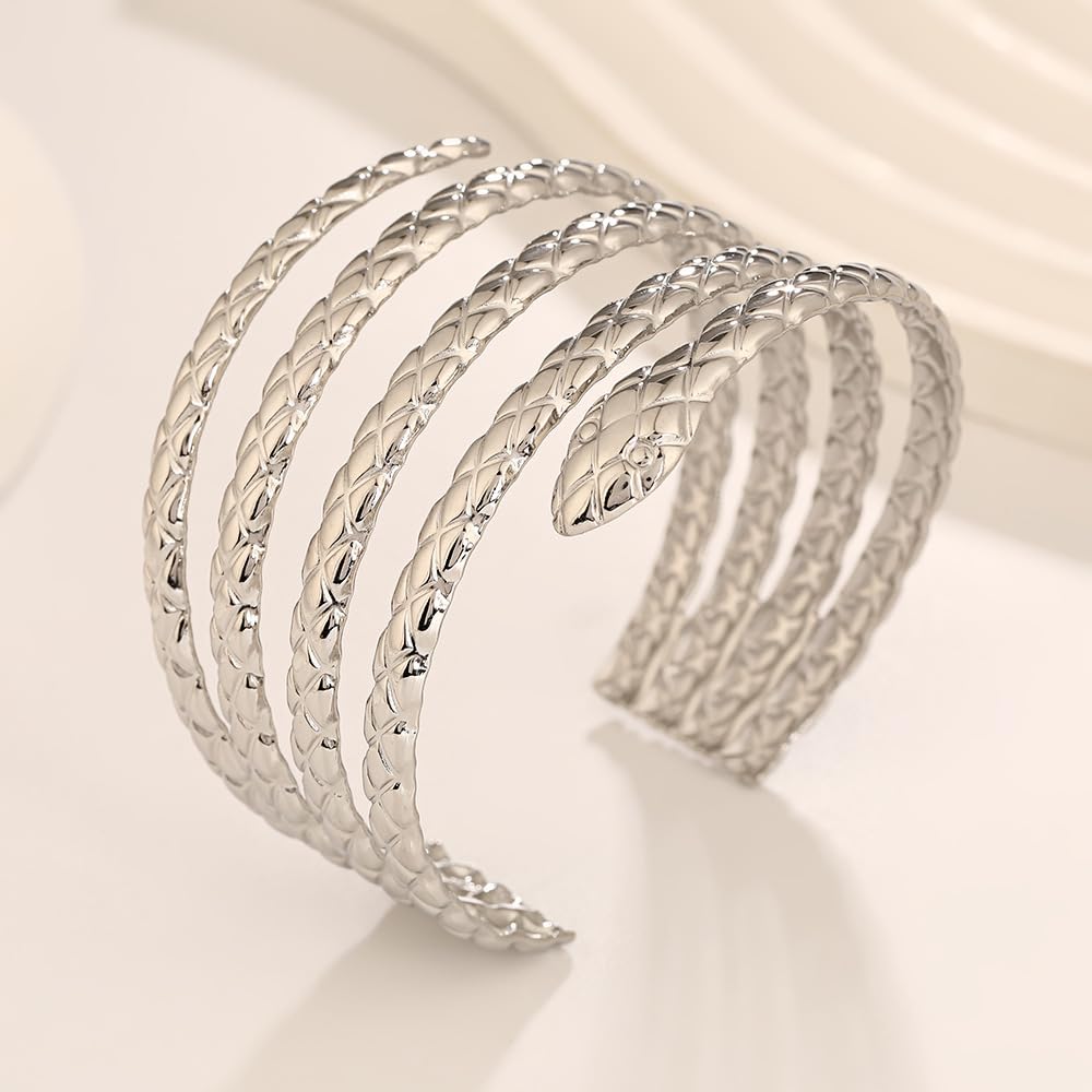 YWMAN Wide Silver Snake Serpent Cuff Bracelet, Multi-Band Textured Open Bangle for Women