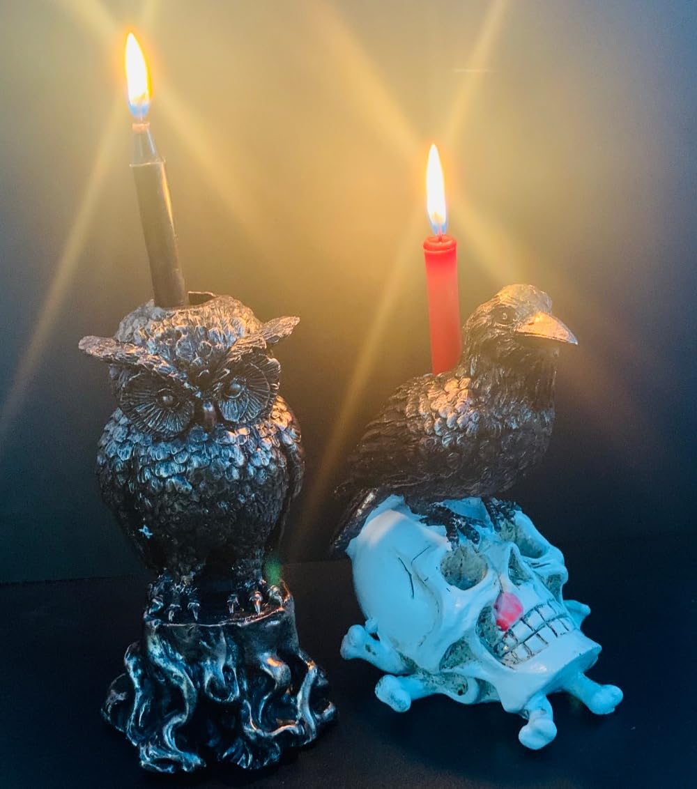 Gothic Owl Candle Holder Statue– Day Decor Witchy Occult Altar Decoration, Bird of Minerva Green Shamrock Candlestick Tabletop Candelabra Statue for Home Room (Owl)