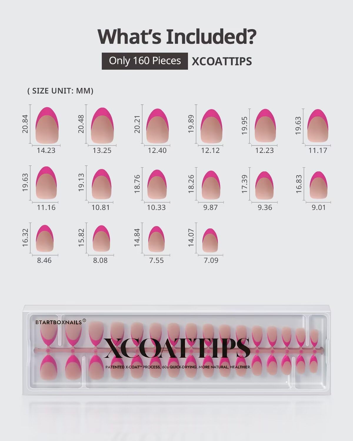 BTArtboxnails XCOATTIPS Pink French Tip Press On Nails - Short Press On Nails Almond, Soft Gel Nail Tips, 160Pcs Soak Off Acrylic Brown Fake Nail Extension in 16 Sizes