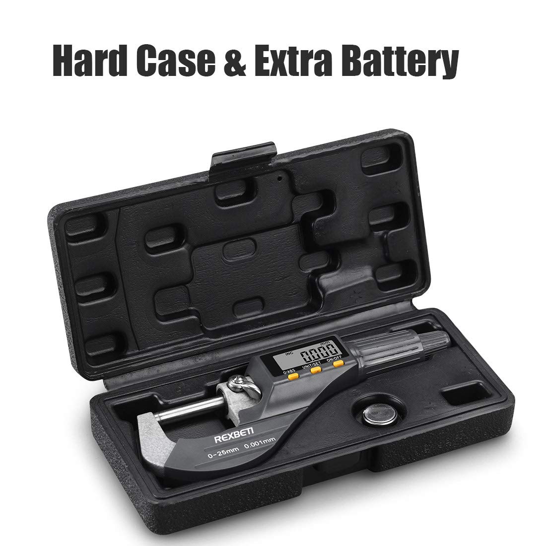 REXBETI Digital Micrometer, Professional Inch/Metric Measuring Tools 0.00005"/0.001 mm Resolution Thickness Gauge, Protective Case with Extra Battery
