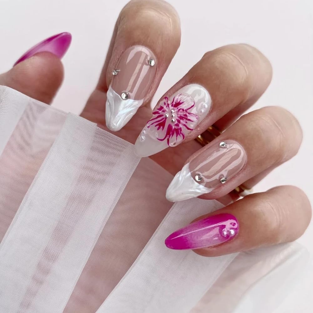 Small Press On Nails - Handmade 3D False Nails Pink Medium Almond 10 Pcs Reusable ABS Material Finger Painting Nail Tip French Salon Design-S size
