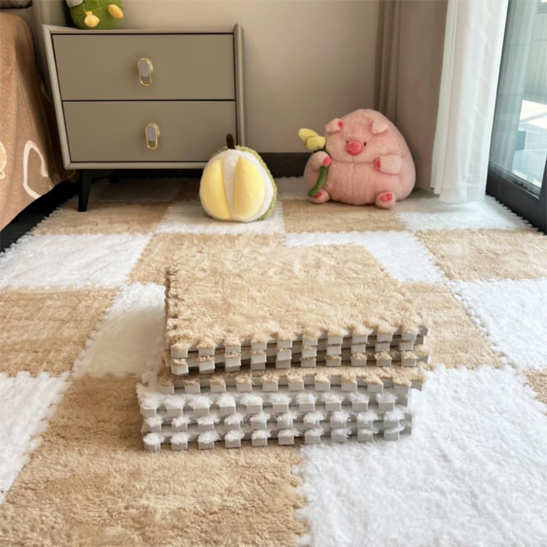 12Pcs Interlocking Carpet Tiles,12"x 12" Plush Interlocking Foam Carpet Tiles with Border,Fluffy Play Mat Floor Tiles Thick Padded Squares Foam Tiles for Playroom Decor (White+Green)