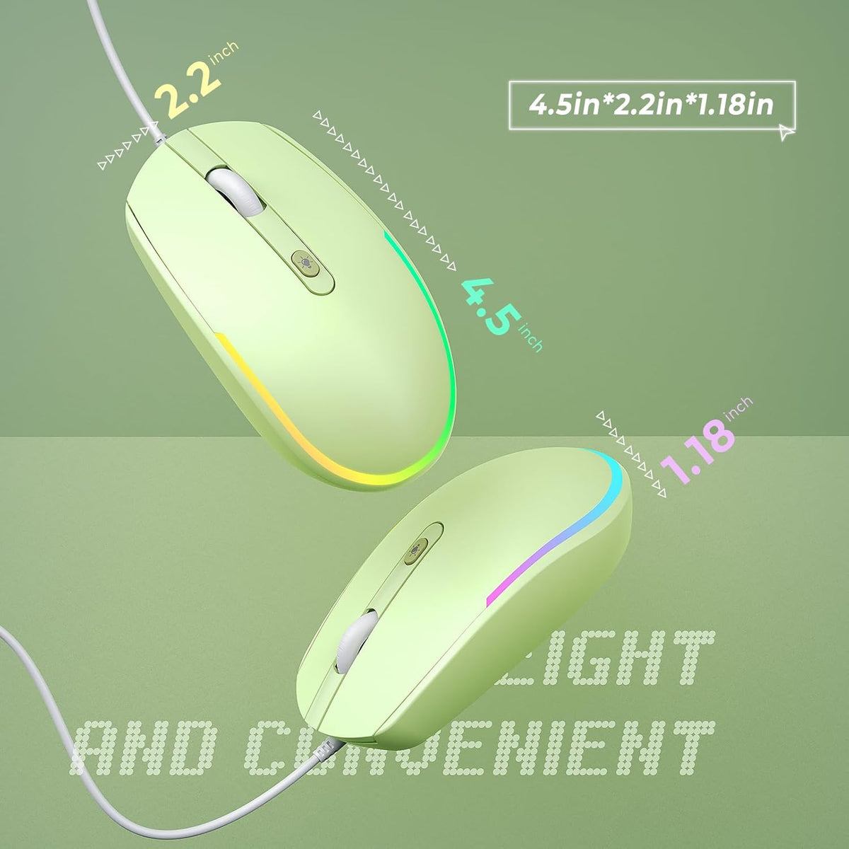 seenda Wired Mouse - USB Computer Mouse Wired with RGB Backlit Optical LED Mouse with Attached USB Cord for Laptops Notebooks Chromebook - Green