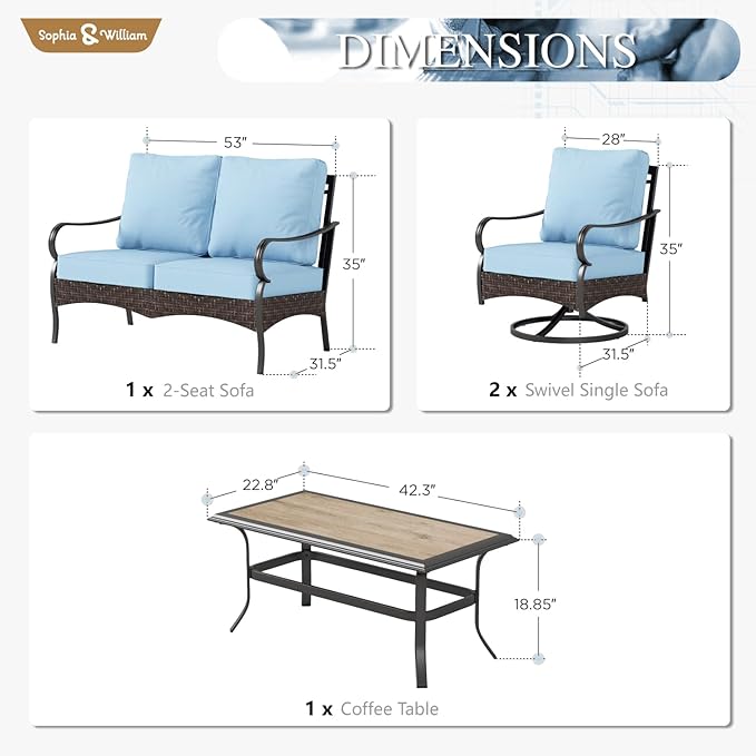 Sophia & William Patio Furniture Set, 4 Piece Metal Outdoor Conversation Set with 2-Seater Outdoor Couch, 2 Swivel Chairs, 1 Coffee Table for Outdoor Seating, Backyard, Porch(Blue)