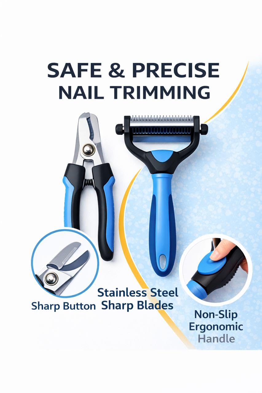 Dog Grooming Kit 6-in-1 for Heavy Shedding – Professional Pet Grooming Tools Set, Complete Home Care Kit with Deshedding Rake, Slicker Brush, Nail Clipper, Bath Brush & Flea Comb for Dogs & Cats