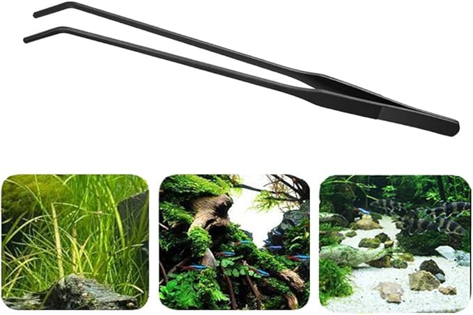 EvaGO 15 inch Black Curved Aquarium Tweezers Stainless Steel Curved Tweezer with Carbonation Protection Coating Against Rust Long Reptiles Feeding Tongs for Aquatic Plants Lizards Spider Snakes