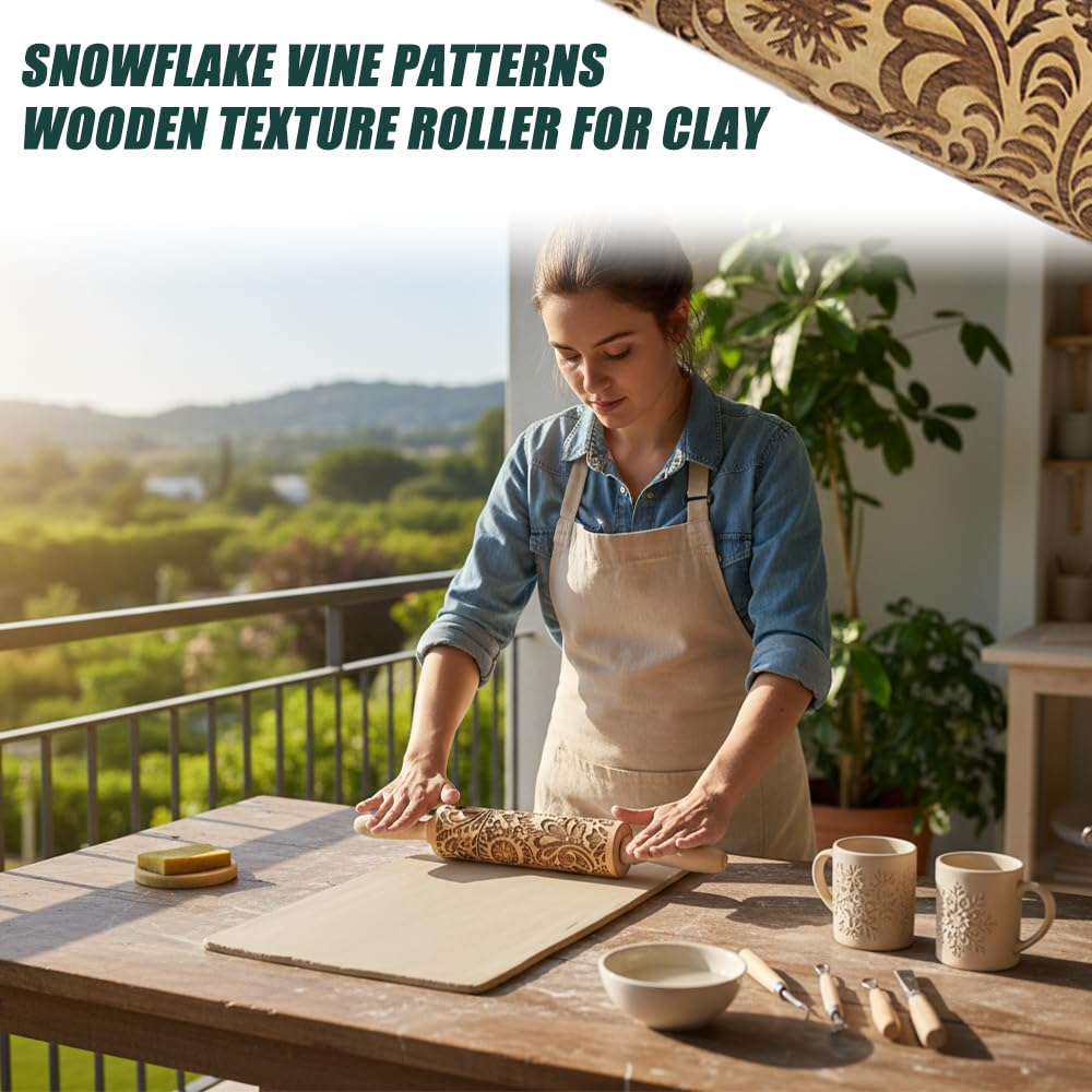 VOVCIG Clay Texture Rollers, Snowflake Vine Patterns Wooden Texture Roller for Clay, Suitable for DIY Pottery, DIY Clay Texture, and Handicrafts