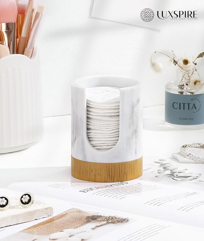 Luxspire Bathroom Cup Dispenser, 3oz Dixie Cup Dispenser, Marble Resin Dixie Cup Holder, Disposable Paper Cup Holder for Bathroom, Cotton Pad Holder, Guest Bathroom Essentials, Marble White
