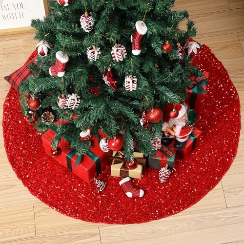 Mr. Pen- Christmas Tree Skirt, 48 inch, Red Sequin Tree Skirt