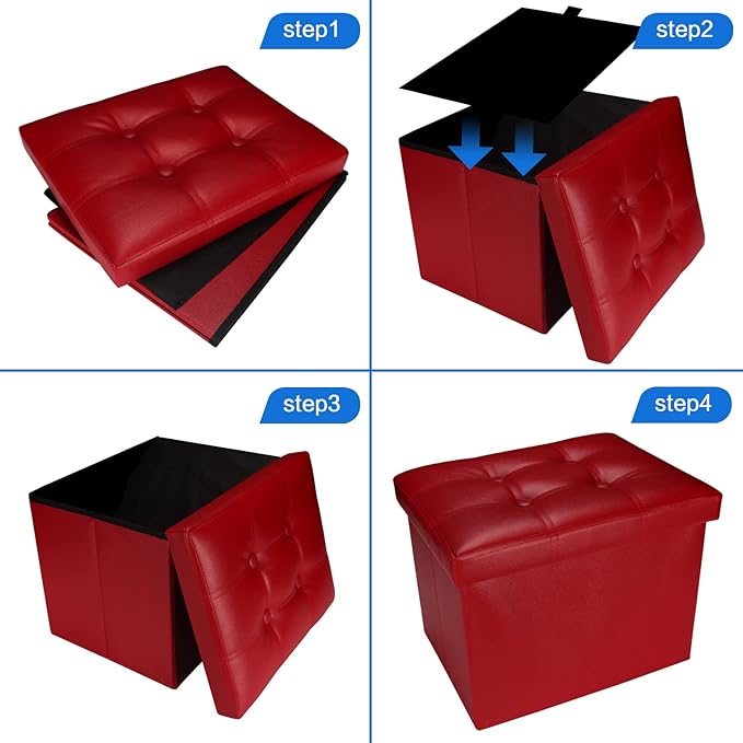 Storage Ottoman, Folding Foot Stool with Thicker Foam Padded Seat Small Leather Storage Ottoman Bench Foot Rest for Living Room Foldable Coffee Table 17x13x13in,Red