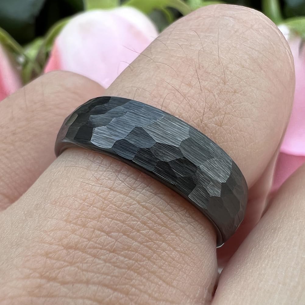 TUTISS 6mm Black Hammered Tungsten Rings for Men Women Fashion Engagement Wedding Bands Domed Matte Finish Comfort Fit Size 10