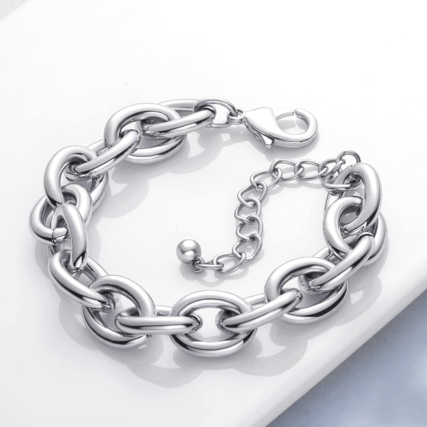 LANE WOODS Silver Bracelets for Women White Gold Plated Chunky Thick Large Link Chain Bracelet