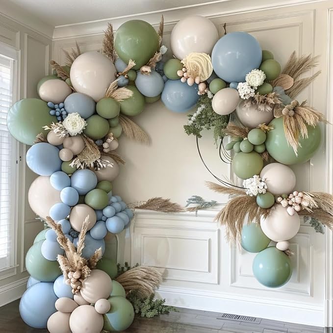Dusty Blue & Avocado Green Balloon Garland Kit, Double Stuffed – Pastel Blue, Avocado Green & Off-White Latex Balloons for Jungle, Safari & Neutral Birthday