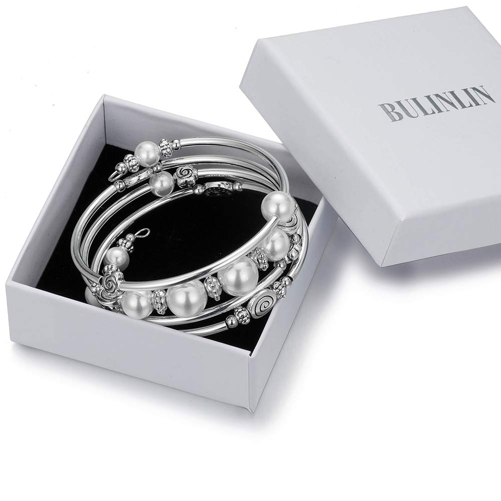 BULINLIN Bead Wrap Bangle Pearl Bracelet - Silver Metal Bracelet Gifts For Women(02-White)
