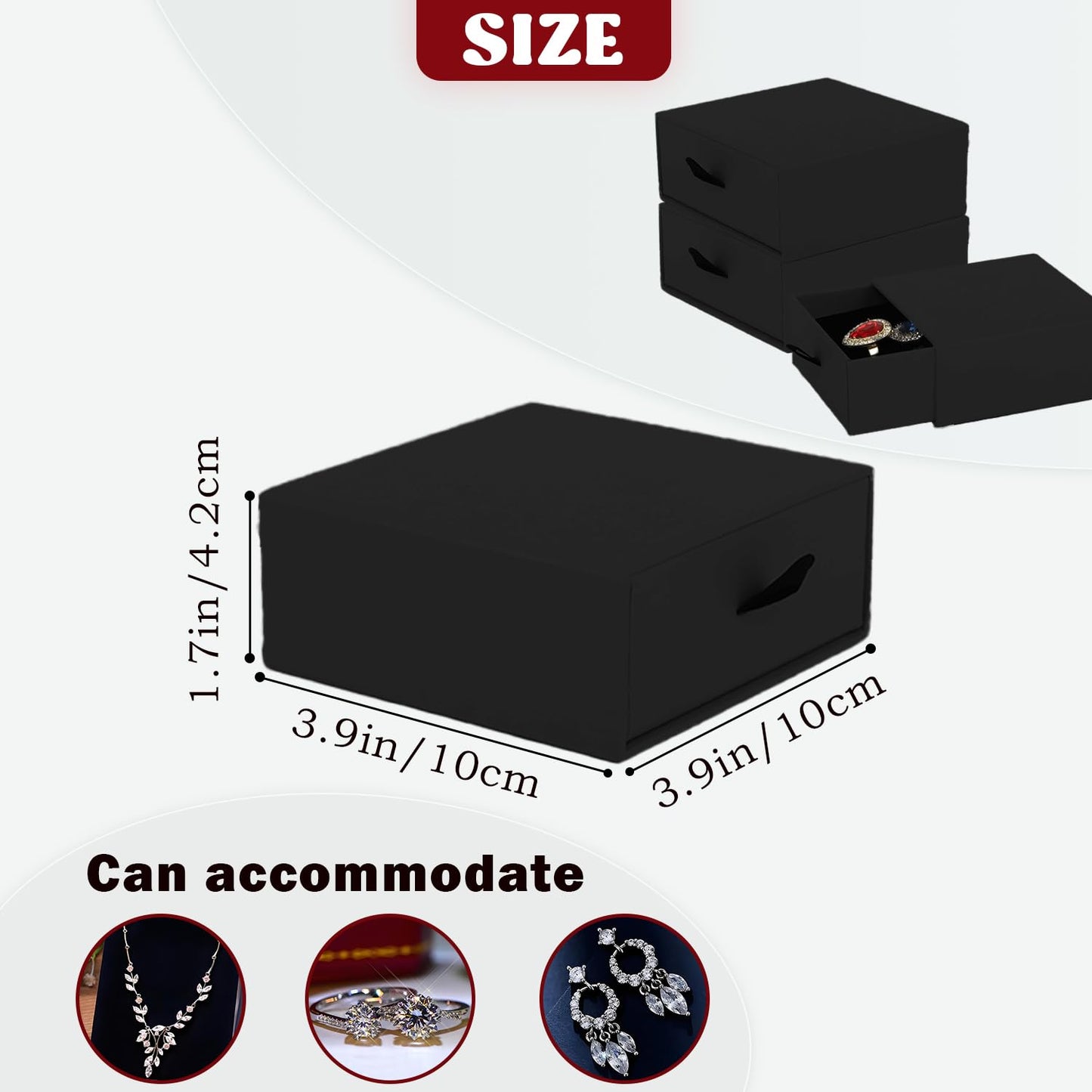Nsmykhg Jewelry Gift Box Velvet-Lined,12 Pack Compact Drawer Style for Earrings & Rings, Necklace & Bracelet Organizer, 3.93x3.93x1.65 Inches, Stackable Elegant Jewelry Display & Storage Box (Black)