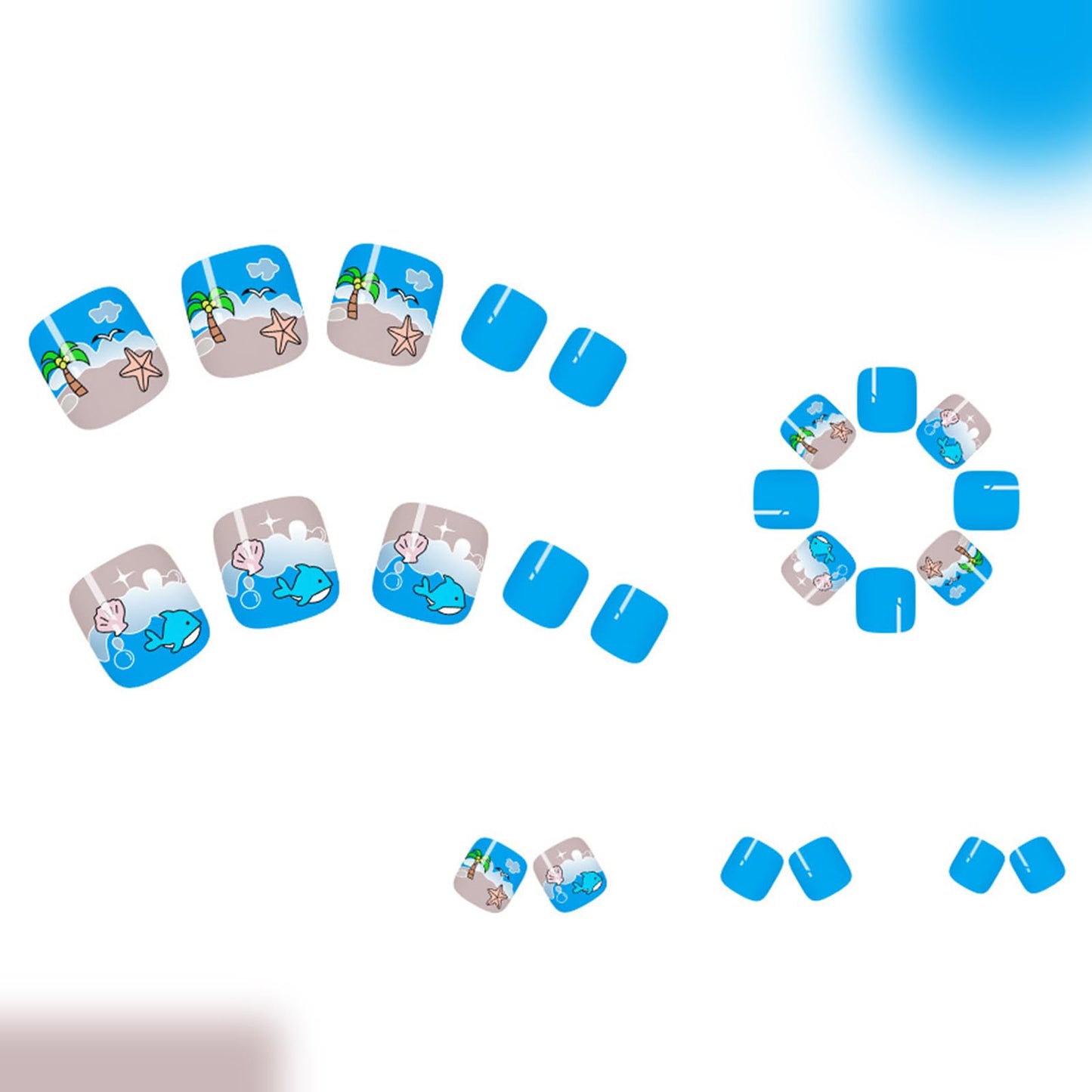 24Pcs Blue Press on Toenails Summer Beach Fake Toe Nails with Coconut Tree Shell Whale Seagull Designs Cute Toenail Press ons Blue Sea Acrylic False Toenails Artificial Toenails for Women