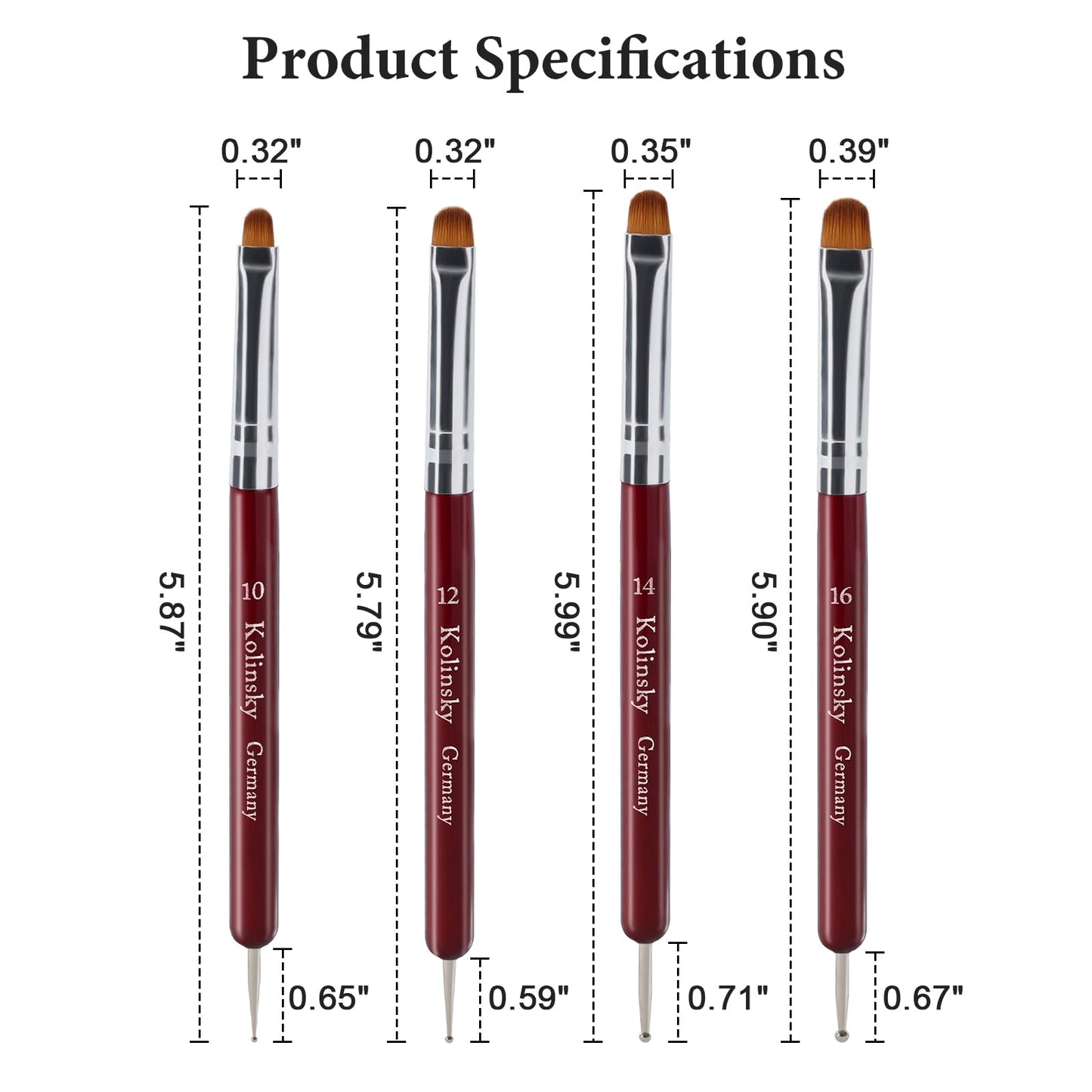 SIMPOR 4 Pieces French Tip Nail Brush and Clean Up Brush Set, Dual Ended Acrylic Nail Art Brushes with Dotting Pen, Professional Oval Manicure Tool for Cuticle Design Red Handle Size 10 12 14 16