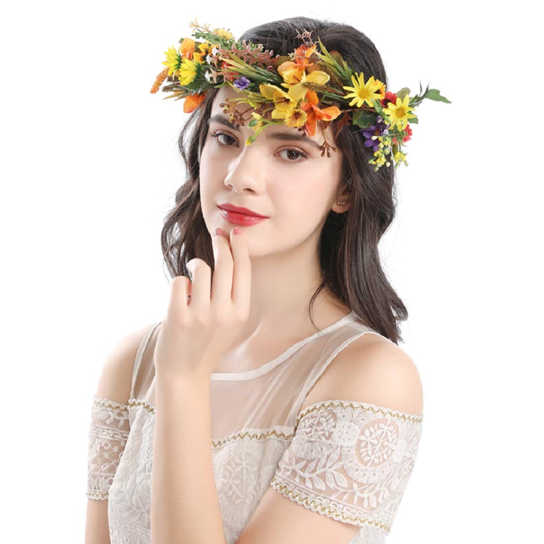 Vividsun Bridal Green Leaf flower Crown Eucalyptus Floral Headband Wedding Festivals Photo Props (A-yellow)
