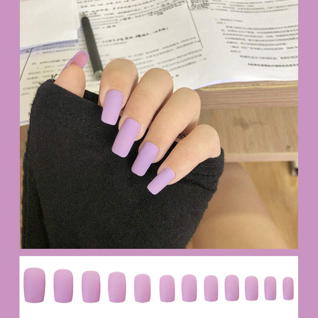 Jovono Matte Press on Nails Purple Long Fake Nails Square Artificial Full cover False Nails for Women and Girls(24Pcs)