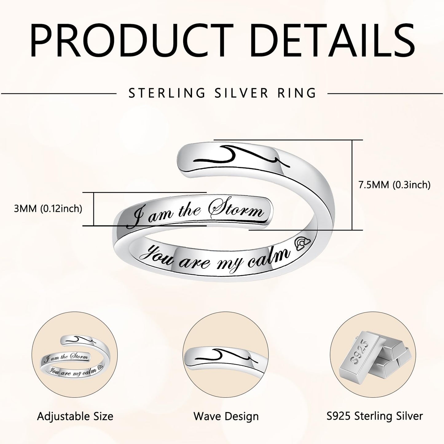 S925 Sterling Silver Inspirational Jewelry Rings Adjustable Ring Personality Encouragement Gift for Teens Women