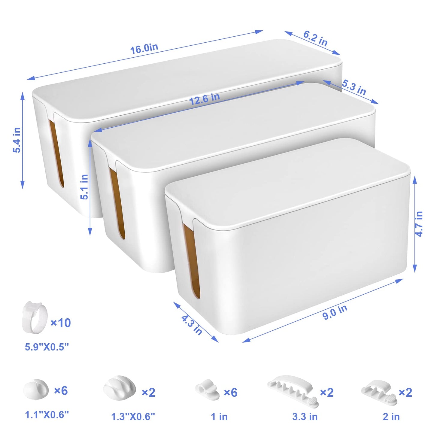 Cable Organizer Box Set of Three, Power Cover Cord Holder Surge Protector for Desk (White)