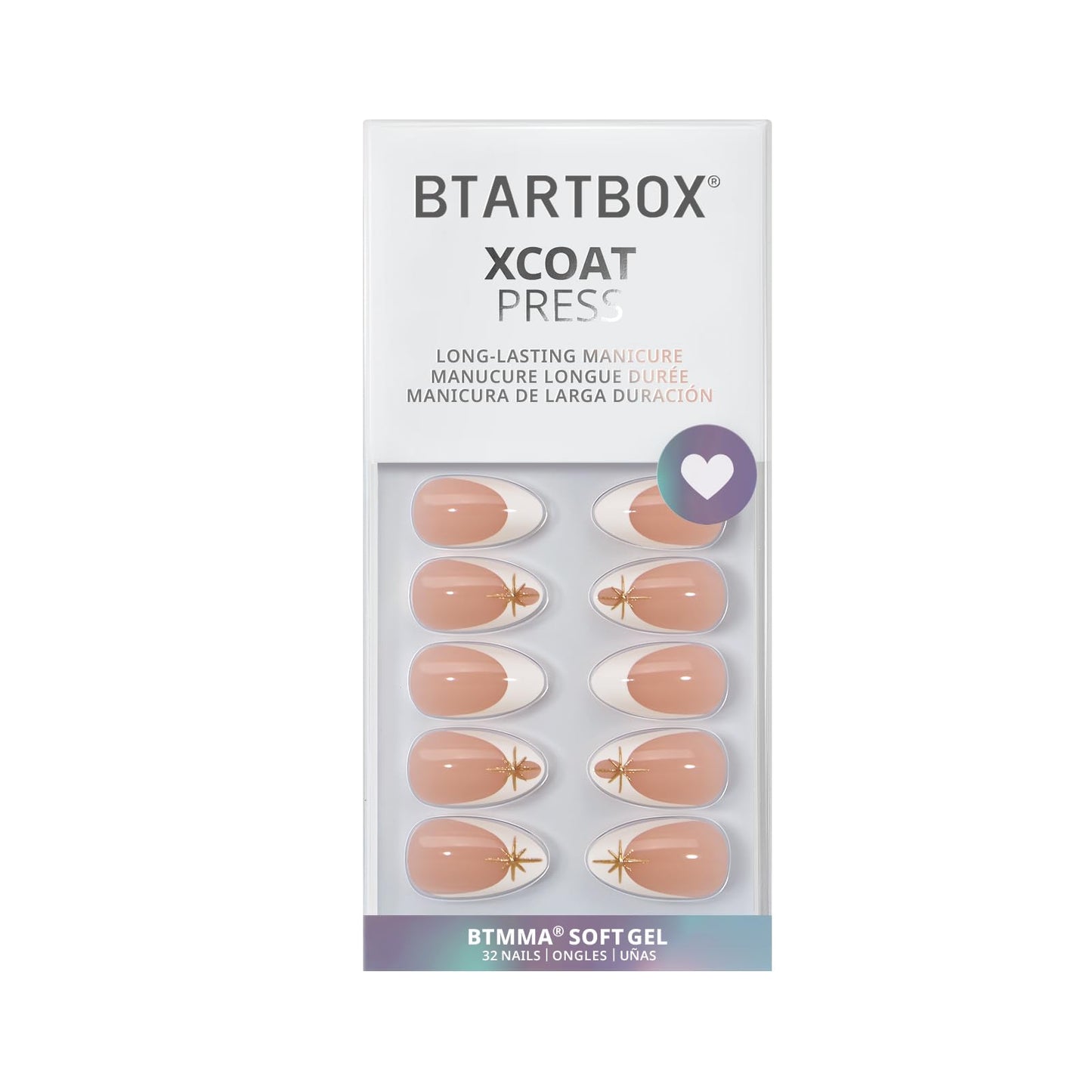 BTArtbox Press On Nails Short - Starlight Frost, 3D Gold French Tip Press On Nails with Glue and Adhesive Tabs for Women in 16 Sizes - 32 Soft Gel Glue On Nails Kit