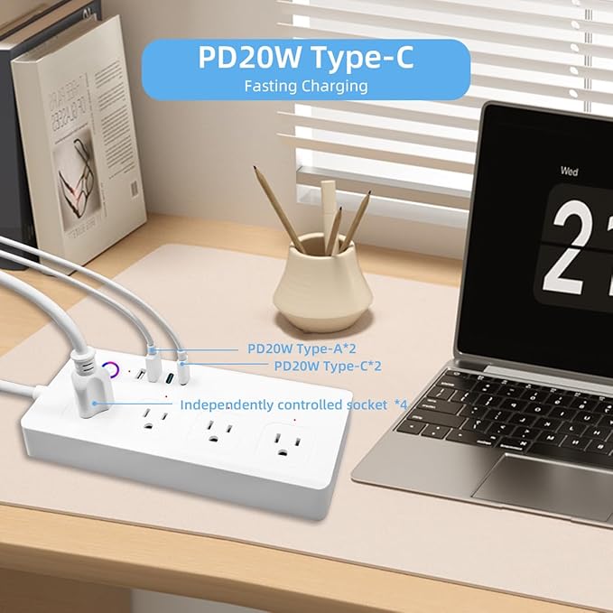 Matter Smart Power Strip,Works with Apple HomeKit, Siri, Alexa, Google Assistant, with 4 Individually Controlled AC Outlets & 2 USB 2 Type-C Ports, Multi-Plug Extender for Home Office